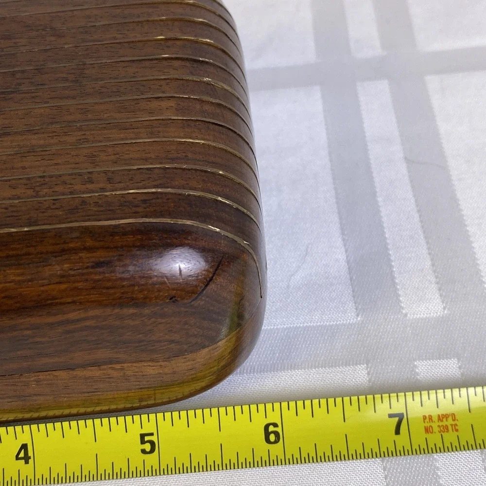 Hand‎ carved 2 piece wood box with metal hinge, hook and metal ribs on lid